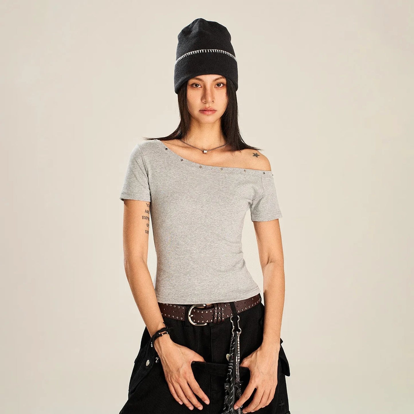 Black Crash Studded Slant Shoulder Slim Top