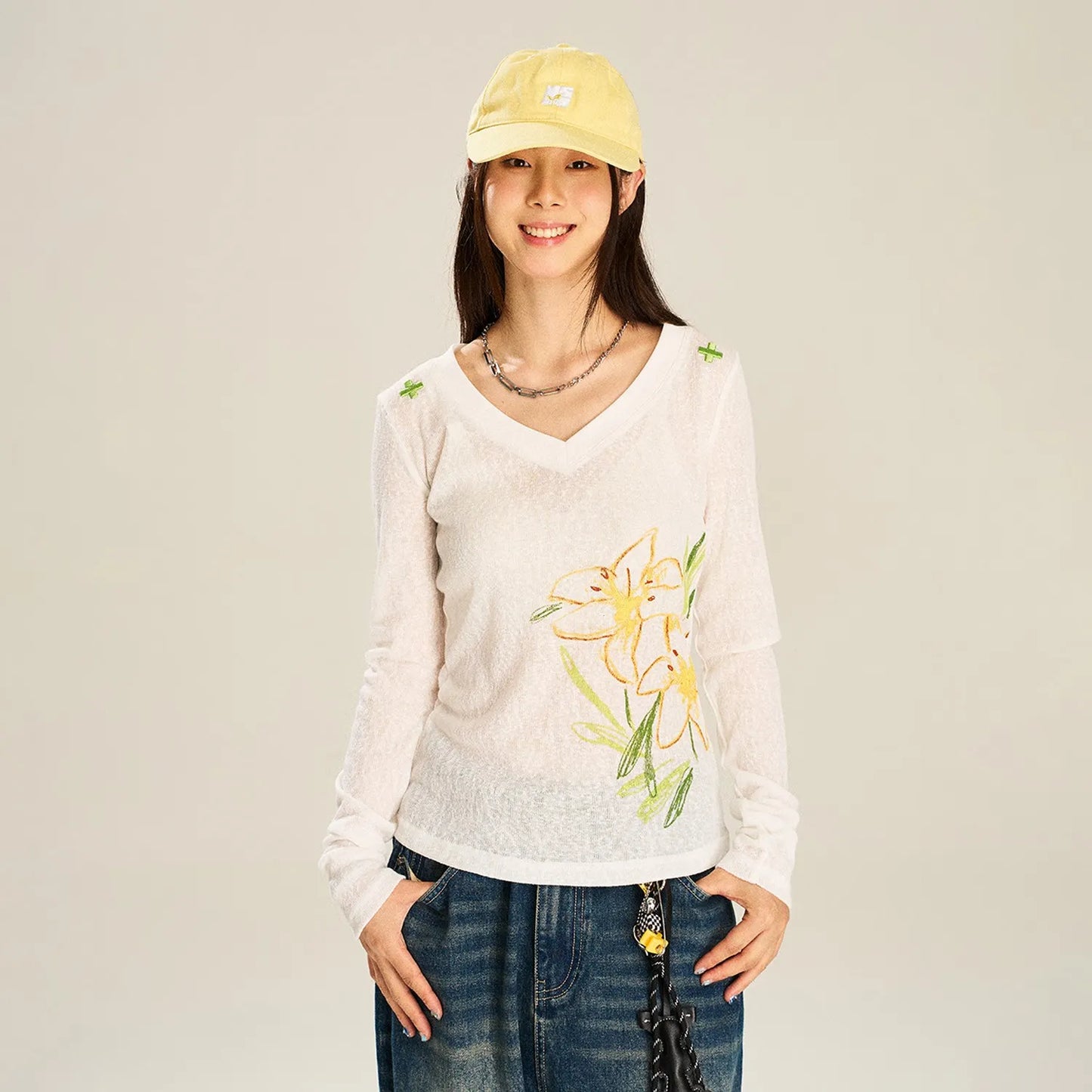 White Hand-Painted Floral V-Neck Top