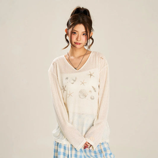 White Seaside V-Neck Casual Long-Sleeved Top