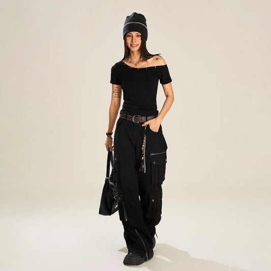 Black Crash Studded Slant Shoulder Slim Top