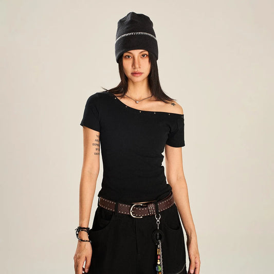 Black Crash Studded Slant Shoulder Slim Top