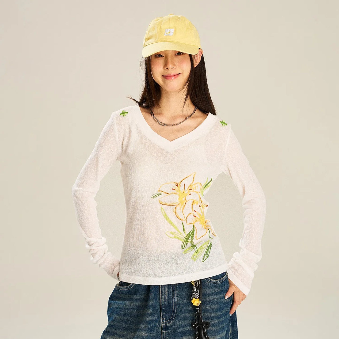 White Hand-Painted Floral V-Neck Top