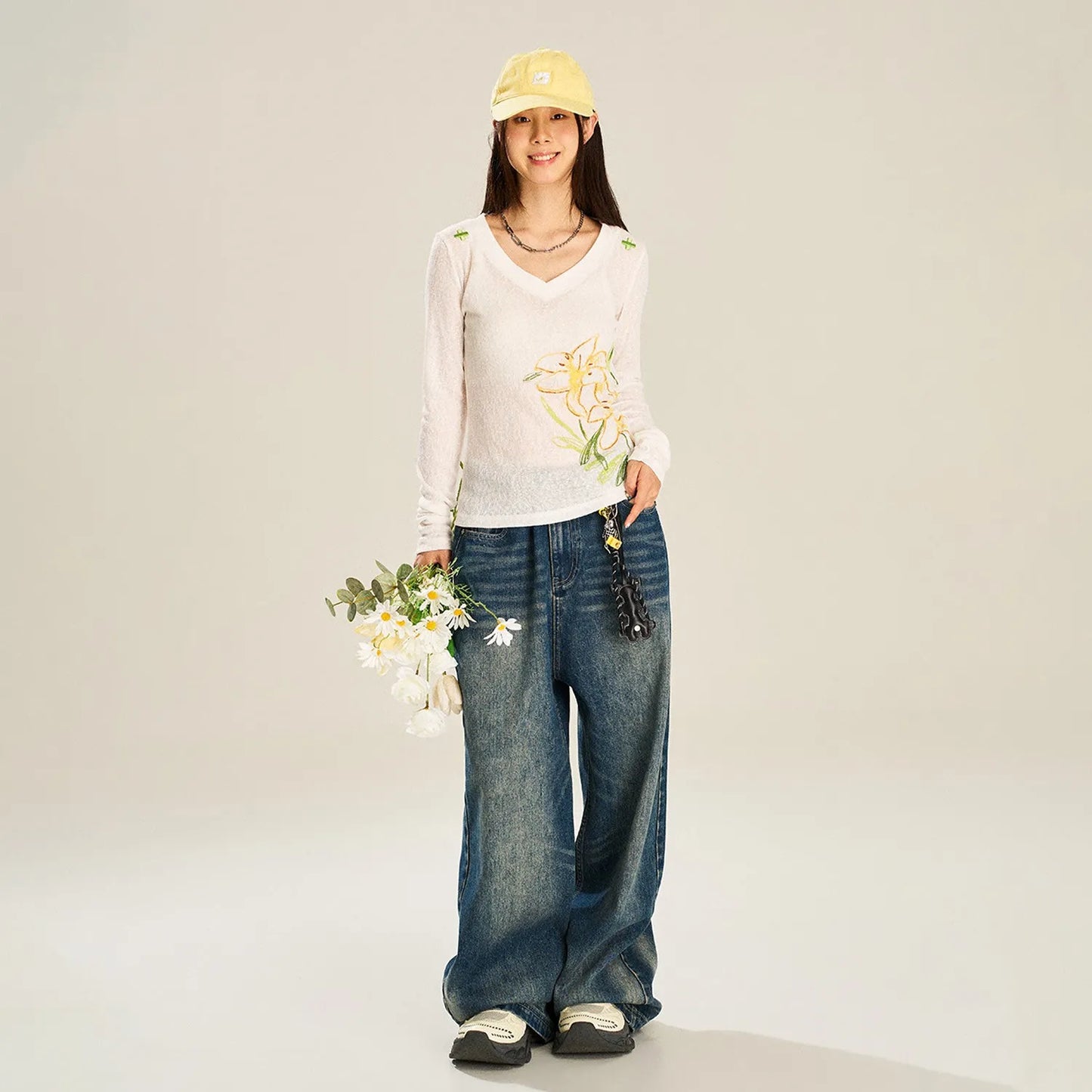 White Hand-Painted Floral V-Neck Top